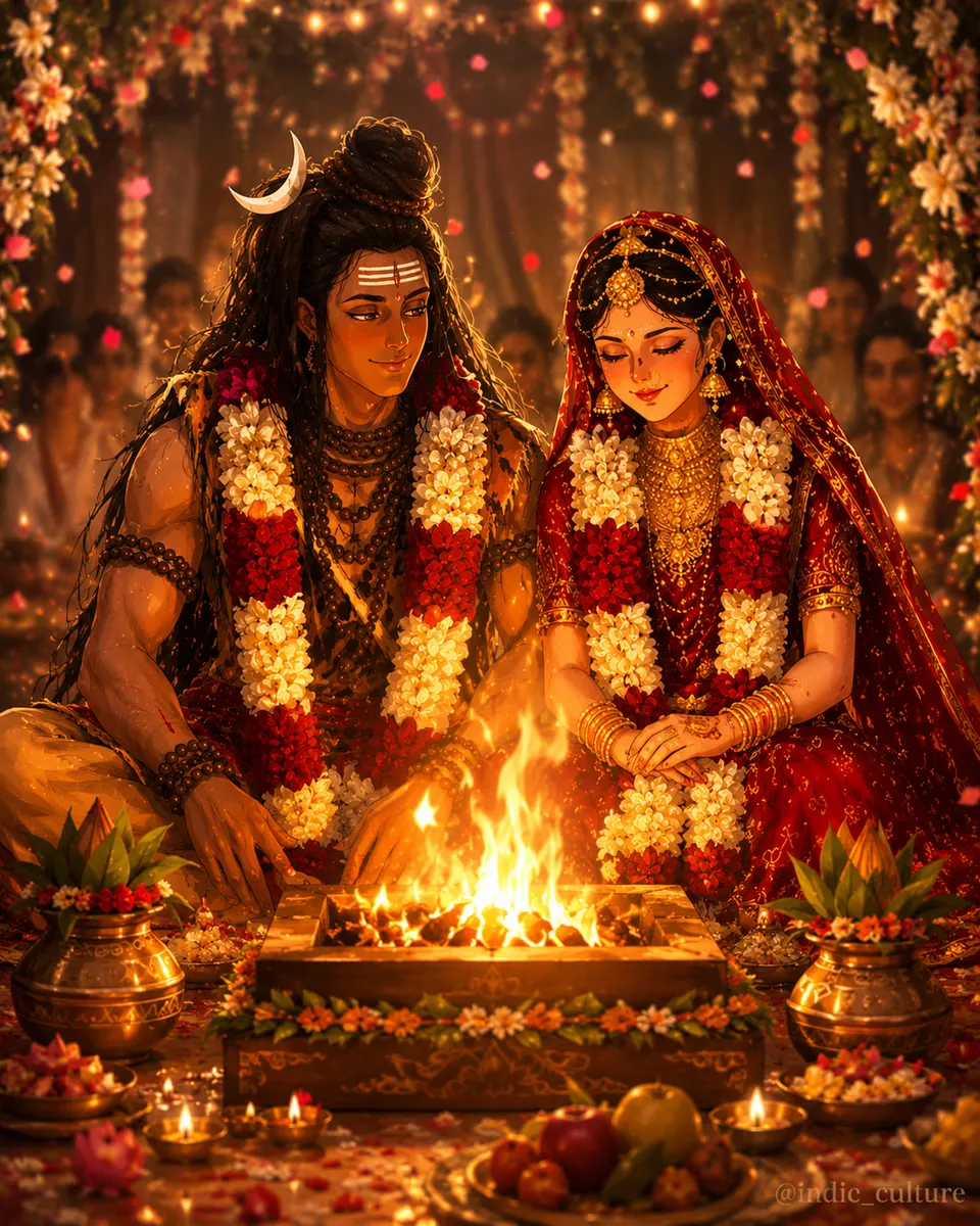 Mahadev and Maa Parvati sitting together in front of a sacred wedding fire, wearing red and white flower garlands.
