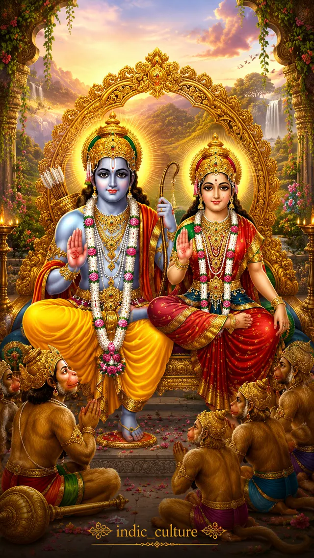 Shree Ram and Sita seated on a golden throne with Hanuman and vanar devotees kneeling before them.