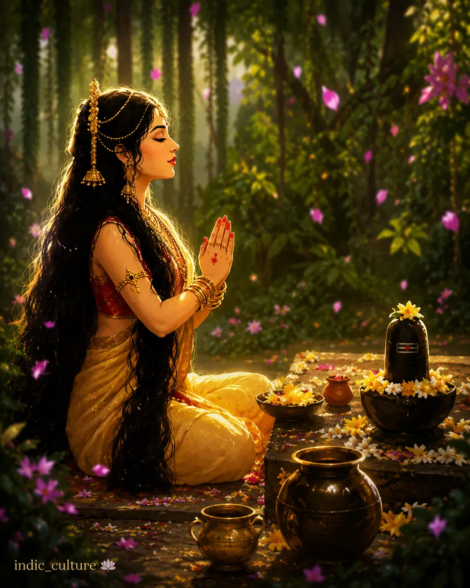 A woman in traditional attire sits in prayer before a flower-adorned Shivling surrounded by lush greenery.