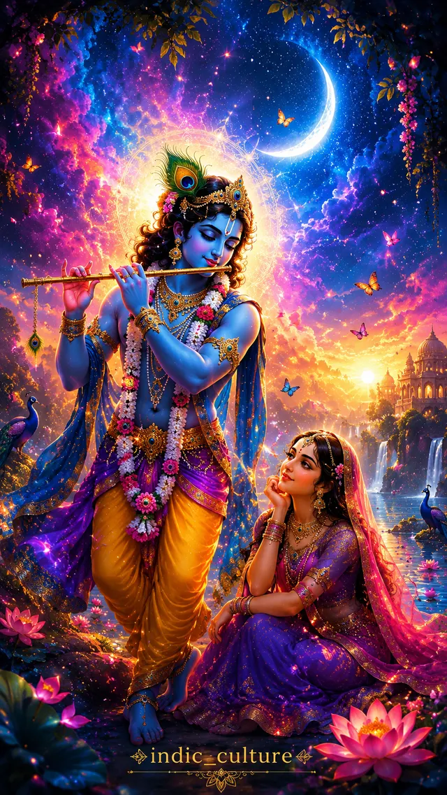 Digital art of Bhagwan Shree Krishna playing the flute while Radha sits nearby looking at him, set against a colorful starry night.