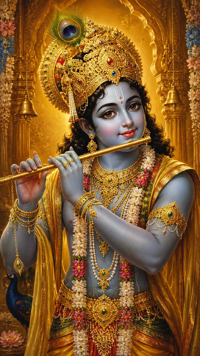 Bhagwan Shree Krishna playing a golden flute with a peacock feather adorned in his crown.