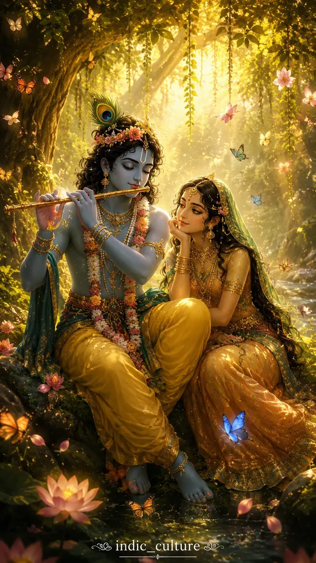 Shree Krishna playing the flute while Devi Radha looks on lovingly in a golden forest with butterflies.