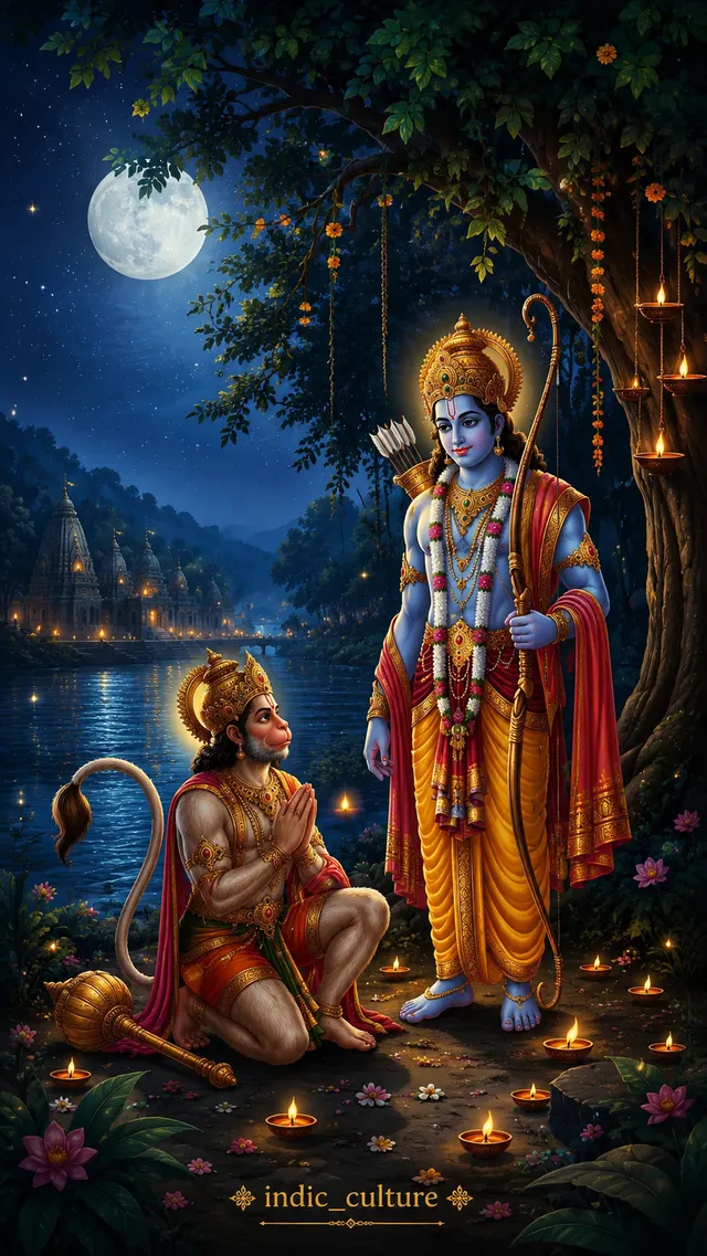 Shree Ram holding a bow with Hanuman kneeling in devotion under a tree by a moonlit river.