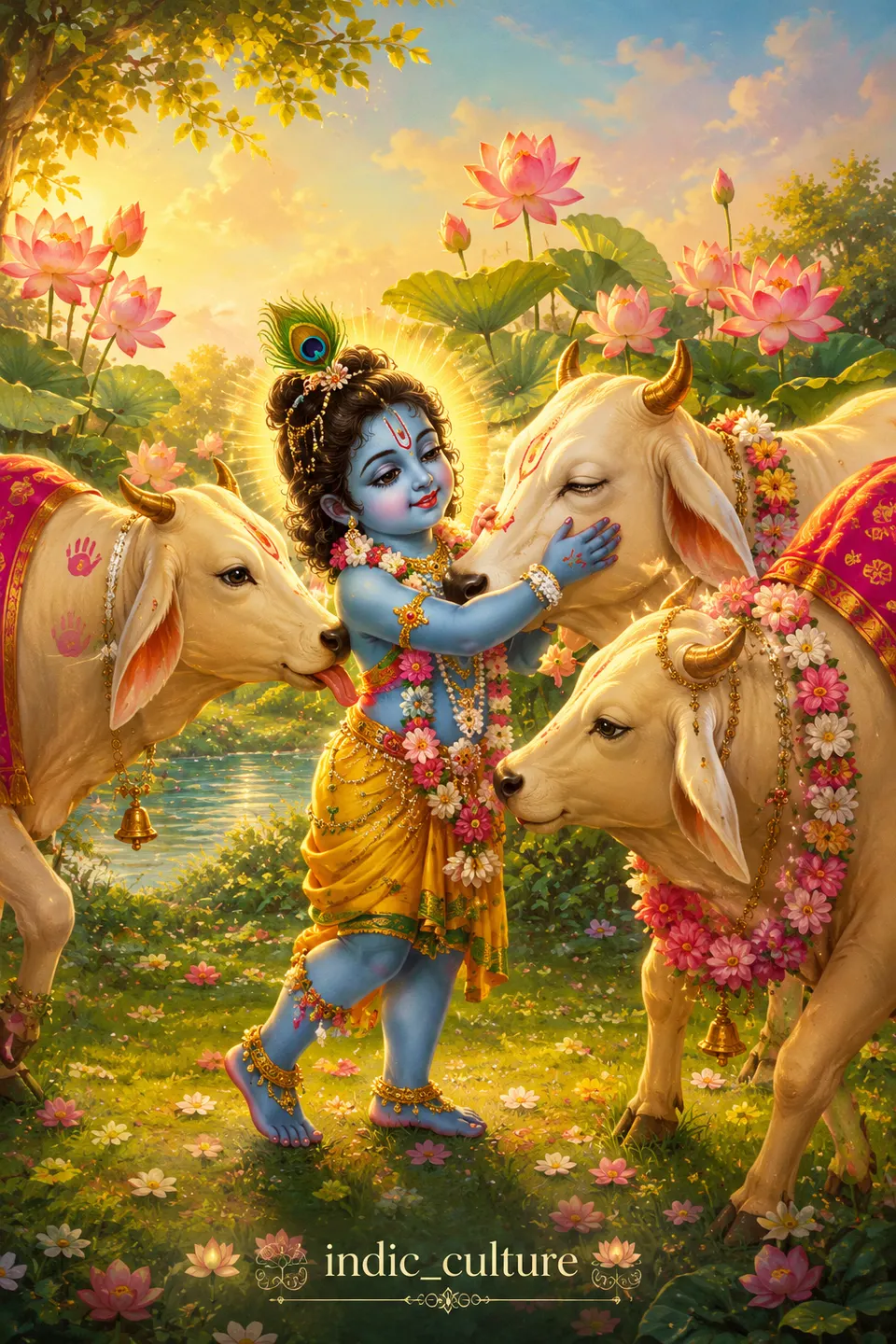 Young Krishna adorned with flowers and a peacock feather embraces a white cow in a blooming lotus field.