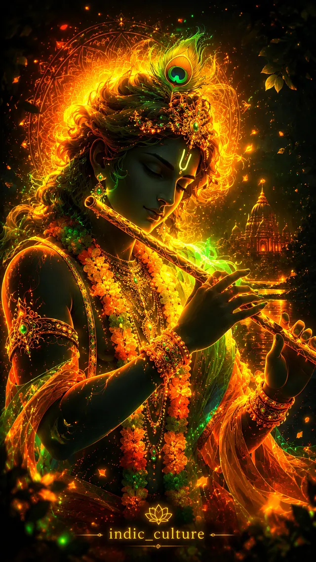 A digital painting of Bhagwan Shree Krishna with dark skin, wearing a peacock feather crown and playing a golden flute surrounded by glowing light.