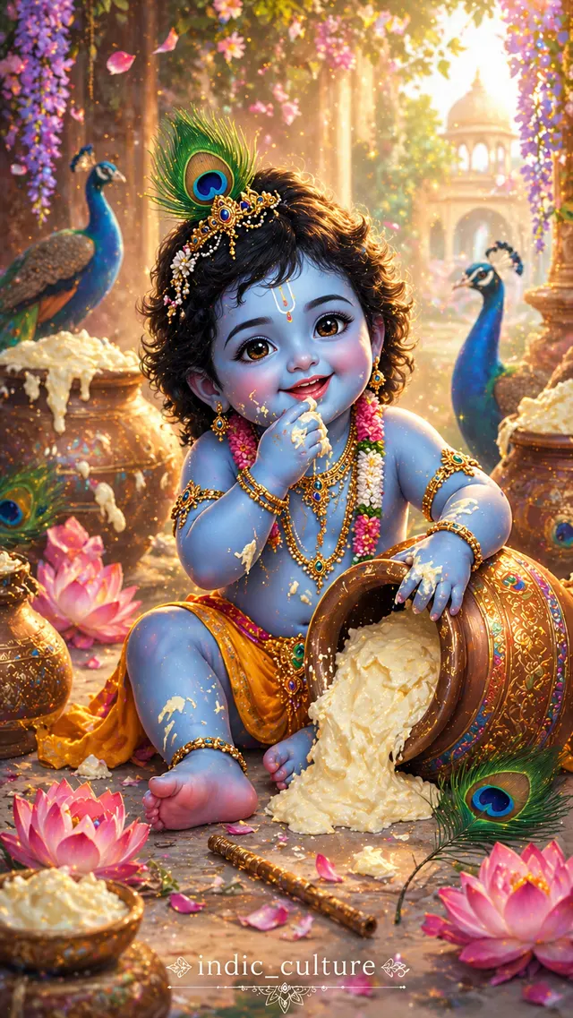 A digital painting of young Bal Krishna eating butter from a spilled clay pot, surrounded by peacocks and lotus flowers.