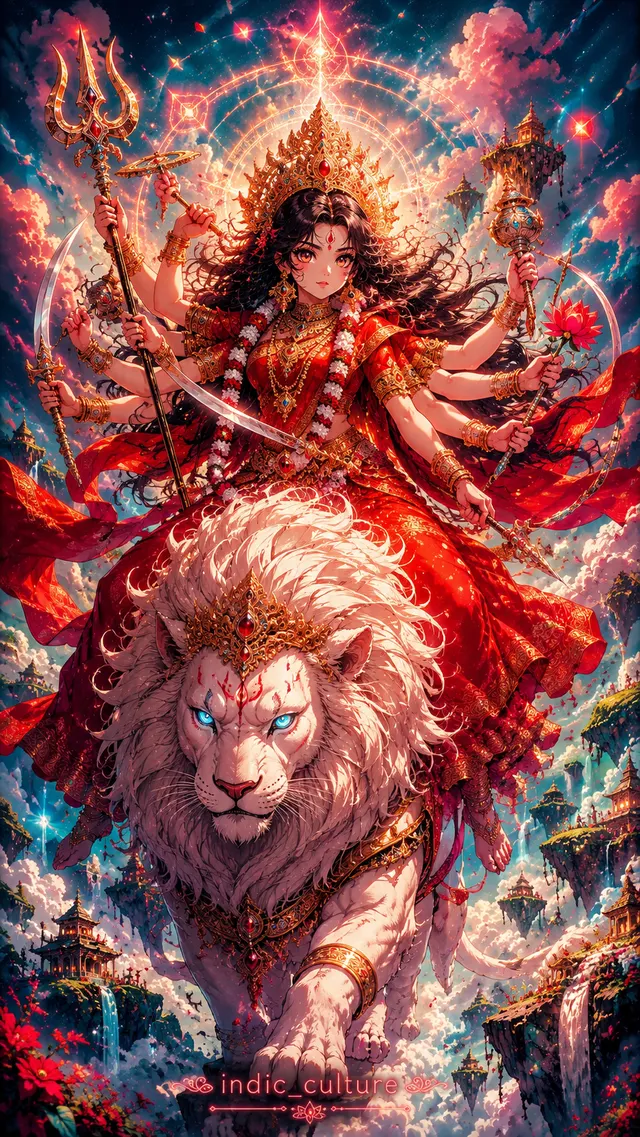 Digital art of Maa Durga with multiple arms holding weapons, riding a majestic white lion with blue eyes amidst floating islands and clouds.