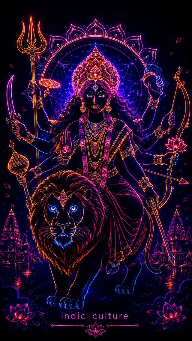 A neon digital art illustration of Maa Durga with multiple arms, holding divine weapons with mandirs in the background.