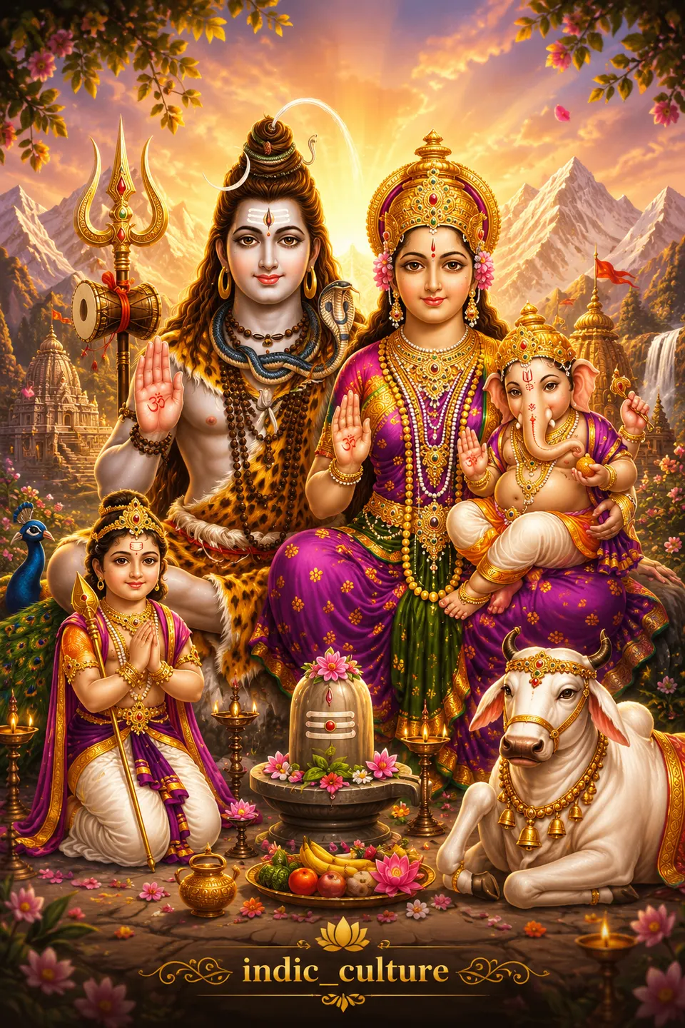 Bhagwan Shiv, Maa Parvati, Shree Ganesh, and Shree Kartikeya seated together with a Shivling and Nandi.
