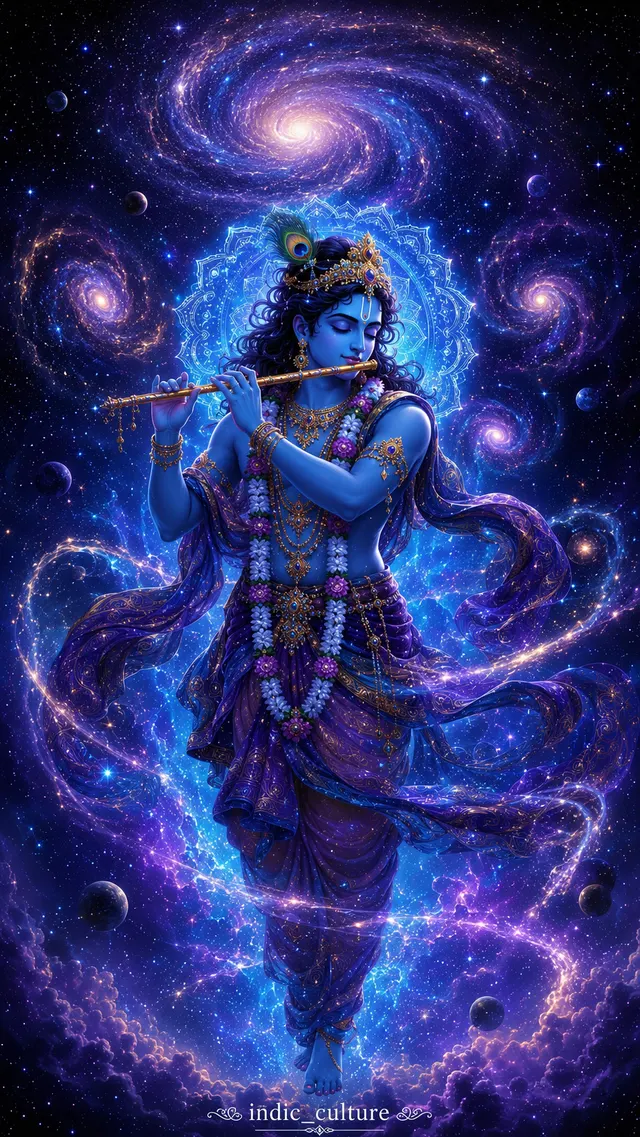 Digital art of blue-skinned Bhagwan Shree Krishna playing a golden flute in a cosmic space filled with purple and blue galaxies.