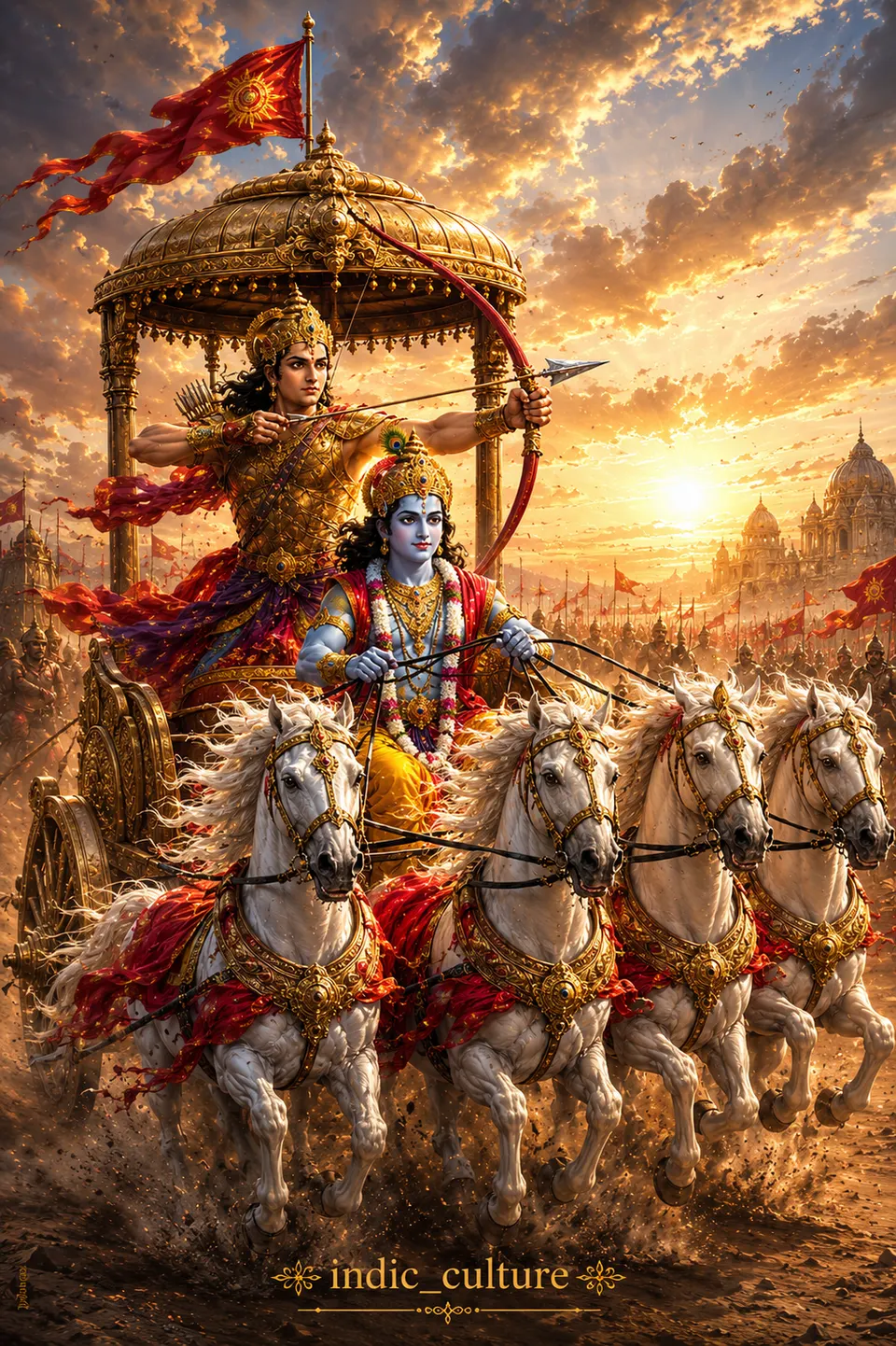 Bhagwan Shree Krishna drives a golden chariot while Arjun draws his bow on the battlefield.