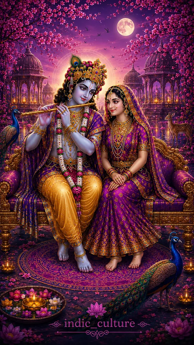 Bhagwan Shree Krishna playing the flute alongside Devi Radha on a decorated throne under a full moon.