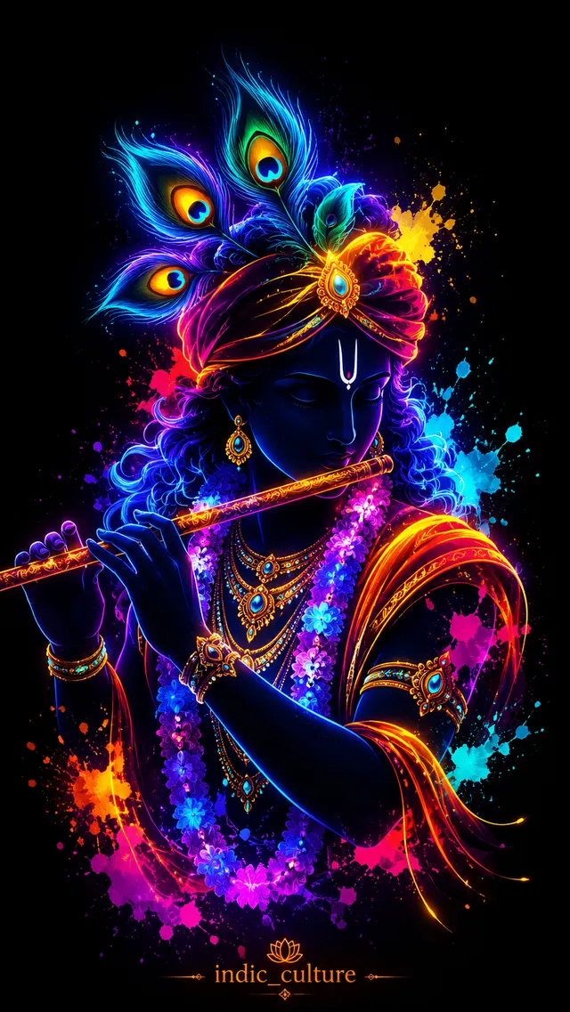 A vibrant digital artwork of dark-complexioned Bhagwan Shree Krishna playing a golden flute with glowing peacock feathers on his turban.