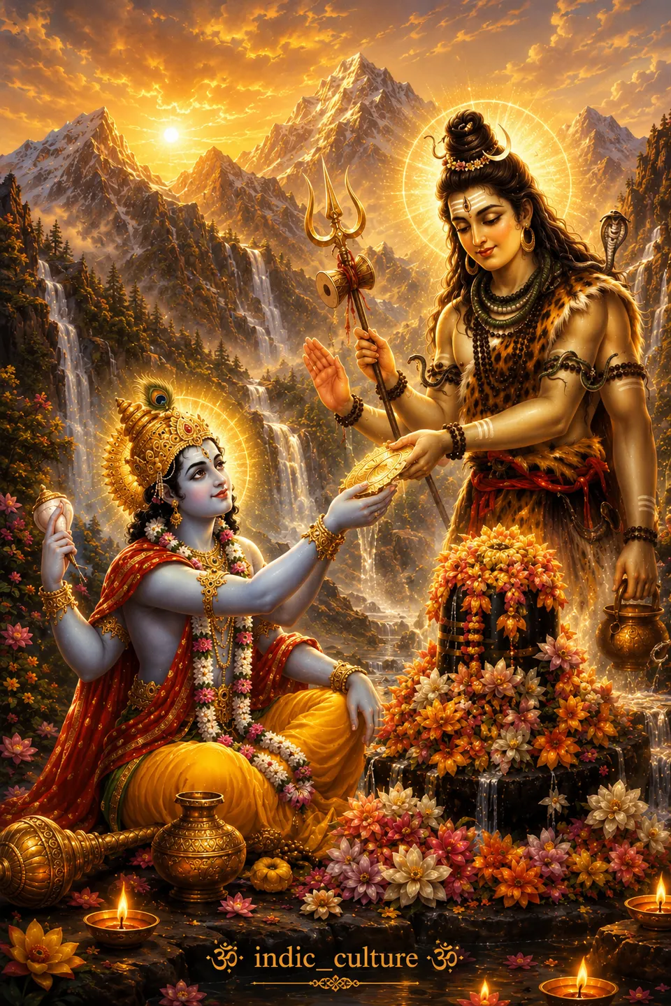 Digital art of Mahadev presenting the golden Sudarshan Chakra to Bhagwan Vishnu near a flower-adorned Shivling in the Himalayas.