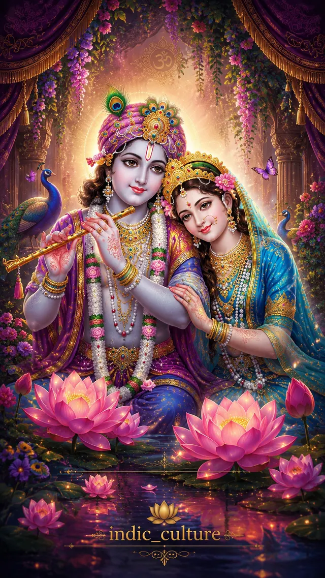 Digital painting of Shree Krishna holding a flute with Radha leaning on His shoulder, surrounded by pink lotuses and peacocks.