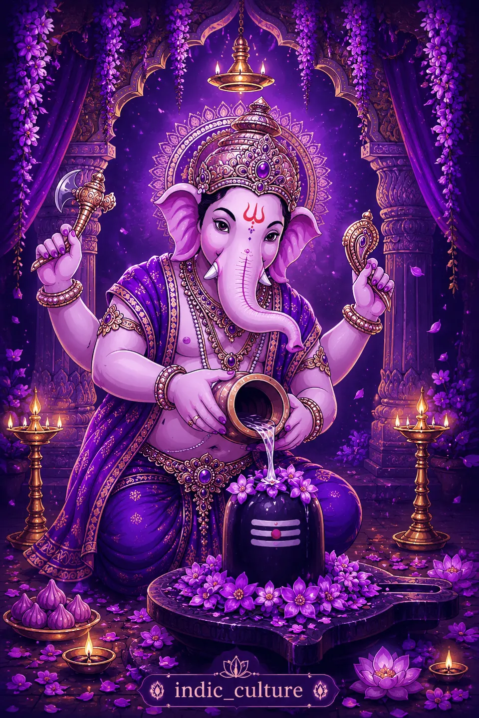 A digital painting of Shree Ganesh with four arms pouring water from a pot onto a Shivling decorated with purple flowers.