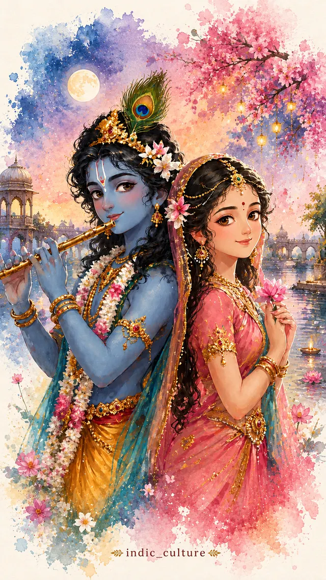 A digital watercolor painting of Shree Krishna playing a flute and Radha holding a lotus under a full moon.