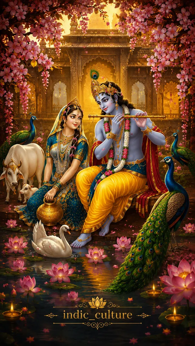 Digital art of Shree Krishna playing flute beside Radha Maa surrounded by peacocks, cows, and lotus blossoms.