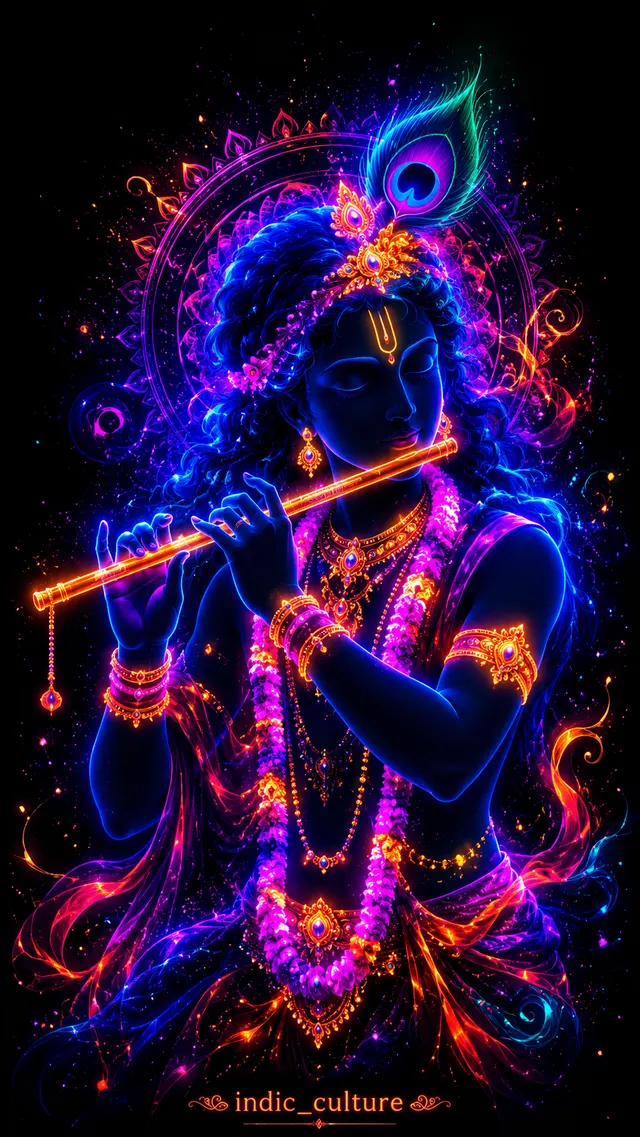 Glowing digital art of Shree Krishna playing the flute amidst vibrant neon lights against a dark background.