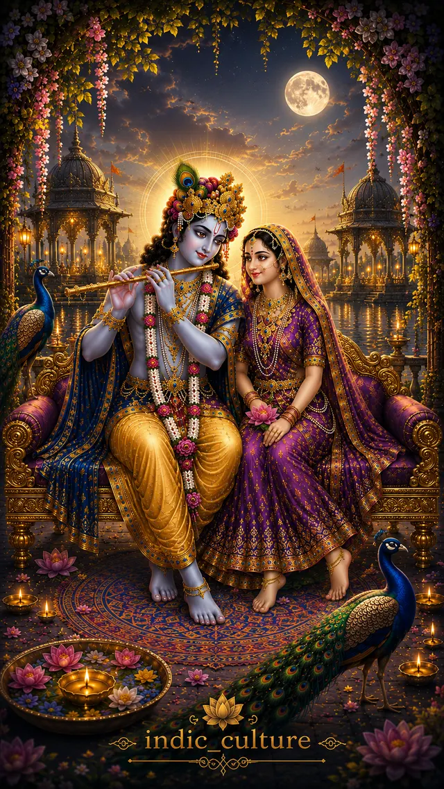 Shree Krishna playing flute beside Radha under a full moon with peacocks and lotus flowers nearby.