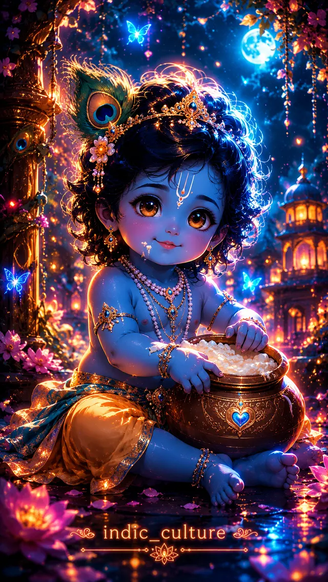 Digital art of Bal Krishna as a child, holding a pot of butter under a starry night sky with a full moon.