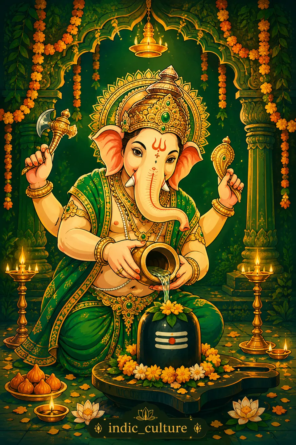 Shree Ganesh pouring water onto a Shivling decorated with flowers and surrounded by lit diyas in a green mandir setting.