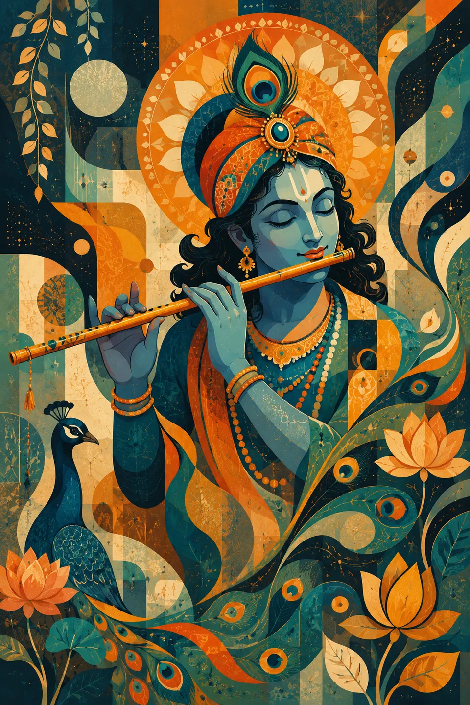 Digital art depicting Bhagwan Shree Krishna playing a golden flute with eyes closed, adorned with a peacock feather mukut.