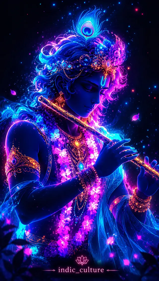 Digital artwork of Bhagwan Shree Krishna playing a golden flute in glowing blue and purple light.
