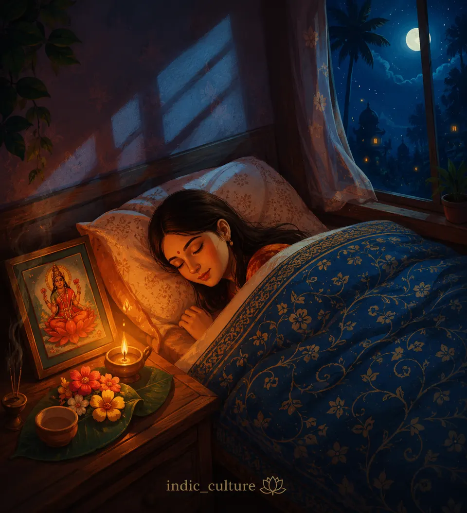 Digital art of a young woman sleeping peacefully in bed next to a framed picture of Devi Lakshmi and a burning diya.