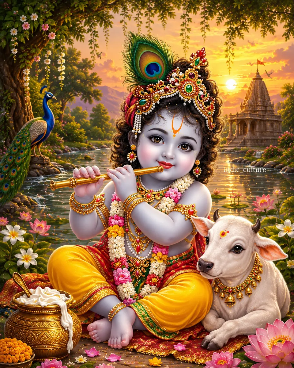 Child Shree Krishna sitting on the ground playing a golden flute next to a white calf and a pot of butter.